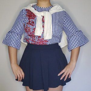 Floral Embroidery Blue Gingham Top